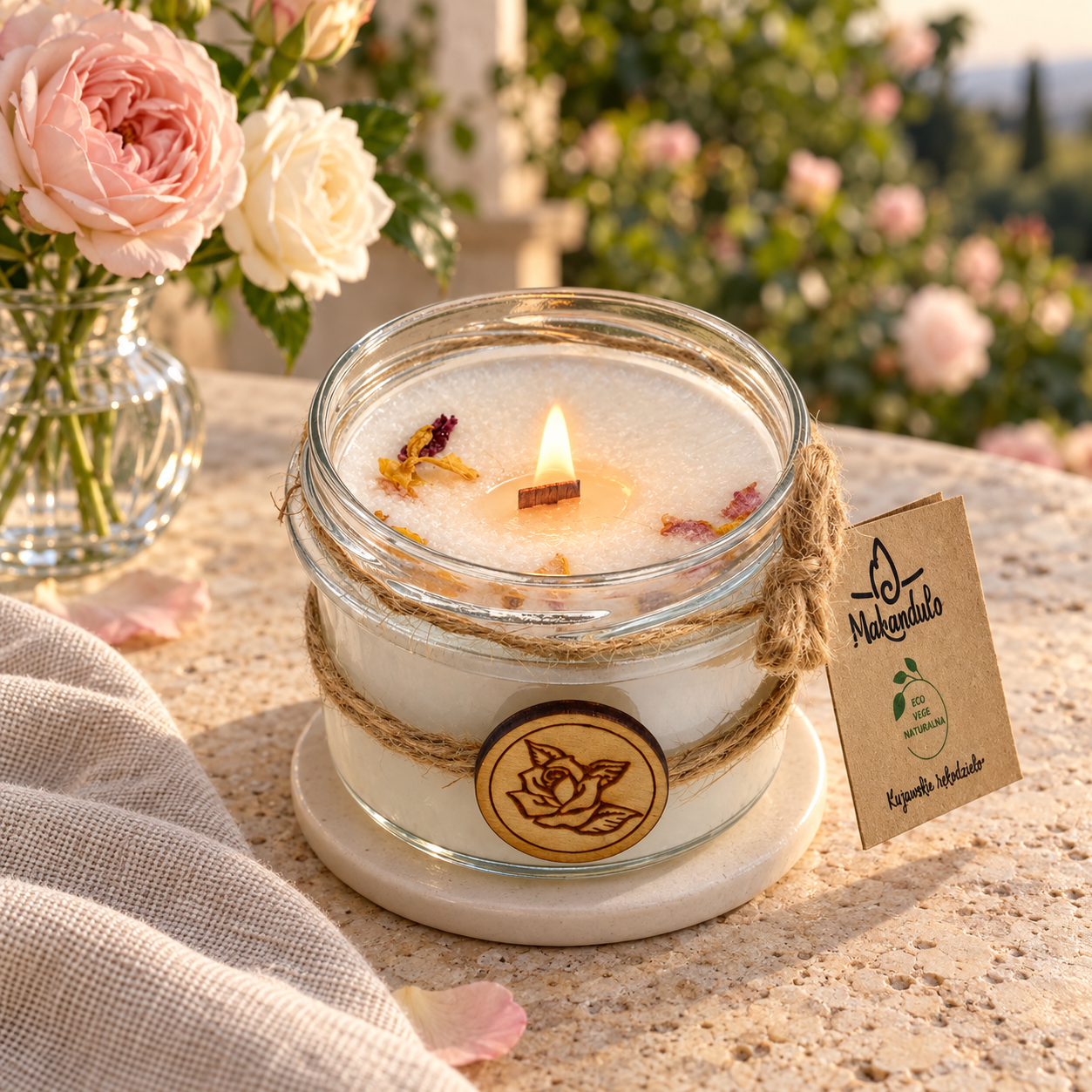 Róża – naturalna świeca zapachowa MAKANDULO 1 Świeca różana MAKANDULO 165 ml w szklanym słoiczku