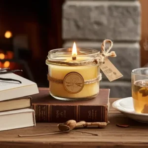 Naturalna świeca waniliowa Makandulo przy kominku i kocu – przytulny, domowy klimat hygge