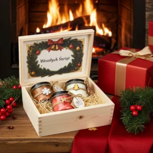 Sklep 27 świąteczny zestaw prezentowy świec w skrzynce drewnianej makandulo. Gotowy prezent pod choinkę