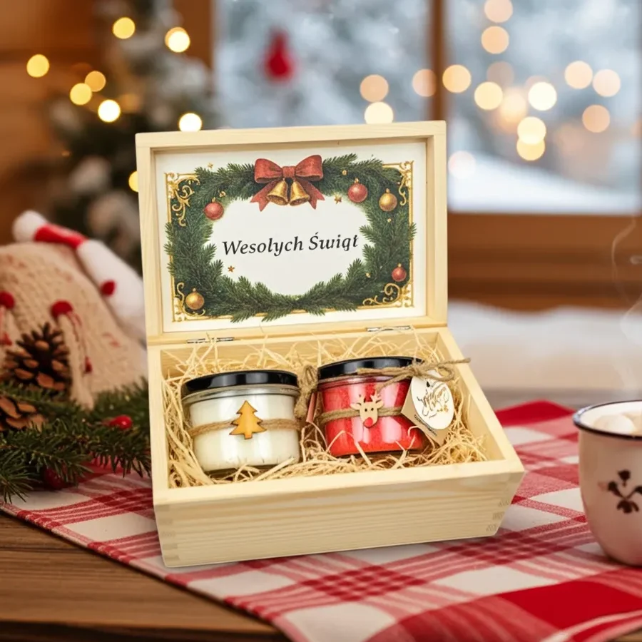 Zestaw prezentowy świec świątecznych w drewnianej skrzynce — wybierz 2 zapachy (2×165 ml) | Makandulo 1 Zestaw prezentowy świec świątecznych w drewnianej skrzynce — wybierz 2 zapachy (2×165 ml) | Makandulo