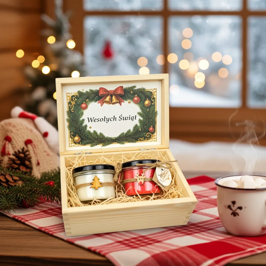 Zestaw prezentowy świec świątecznych w drewnianej skrzynce — wybierz 2 zapachy (2×165 ml) | Makandulo 6 Zestaw prezentowy świec — wnętrze z dedykacją