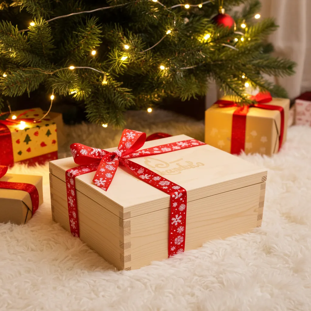 Zestaw prezentowy świec świątecznych w drewnianej skrzynce — wybierz 2 zapachy (2×165 ml) | Makandulo 7 Gotowy prezent — zestaw świec Makandulo w skrzynce