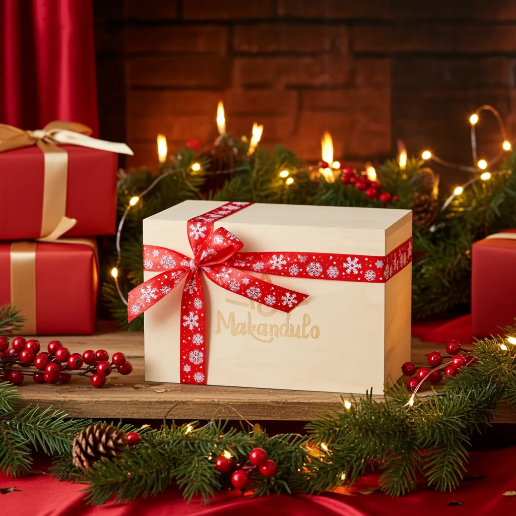 Zestaw prezentowy świec świątecznych w drewnianej skrzynce — wybierz 2 zapachy (2×165 ml) | Makandulo 5 Zestaw prezentowy świec świątecznych Makandulo — skrzynka z grawerem