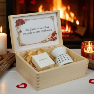 Sklep 33 Zestaw prezentowy na Walentynki Makandulo – Kominek + Woski 40 g (4 szt.) w Drewnianej Skrzyneczce