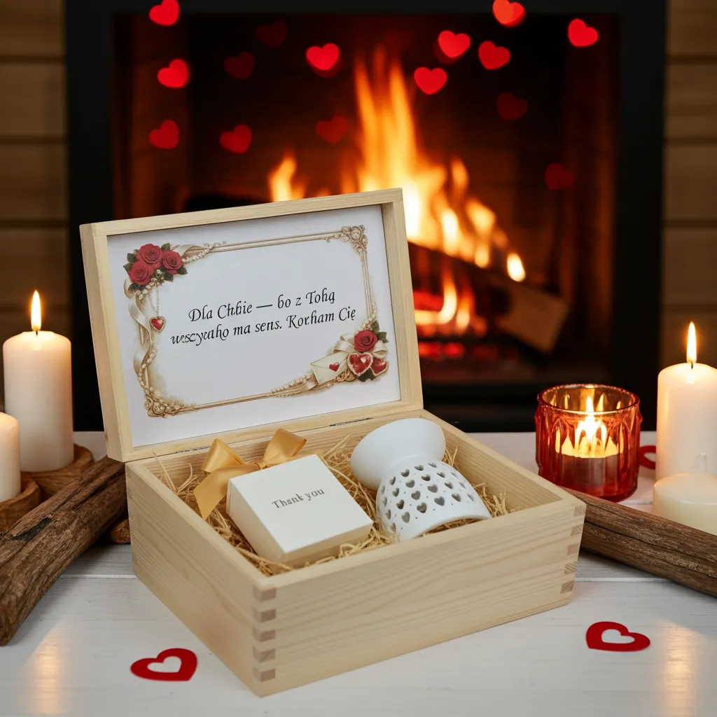 Zestaw prezentowy Makandulo na Walentynki — drewniana skrzyneczka z kominkiem i woskami