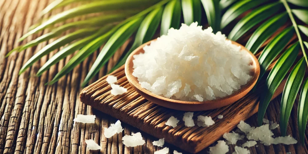 DALL·E 2025-01-29 11.39.55 - A highly realistic close-up composition featuring finely textured, small irregular white flake-shaped palm wax in the foreground, placed on a rustic w