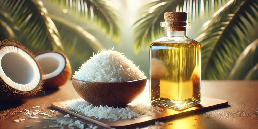 DALL·E 2025-01-29 12.54.42 - A highly realistic and professionally composed image comparing solid white palm wax and golden-yellow liquid palm oil. On the left, a small wooden bow